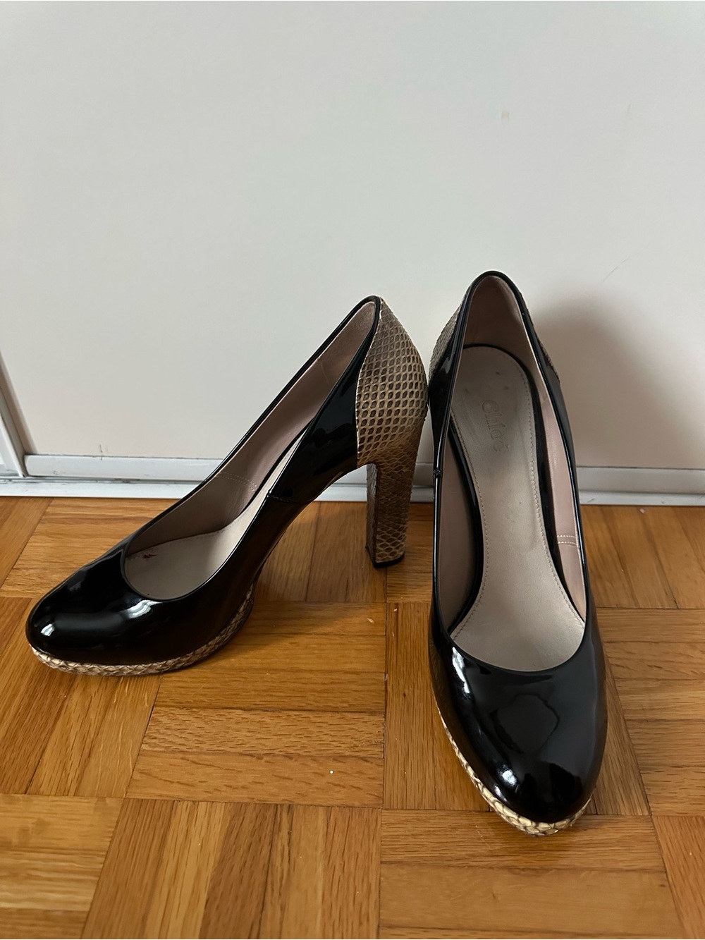 Chloe Black Patent Pumps with Snake-Textured Heel